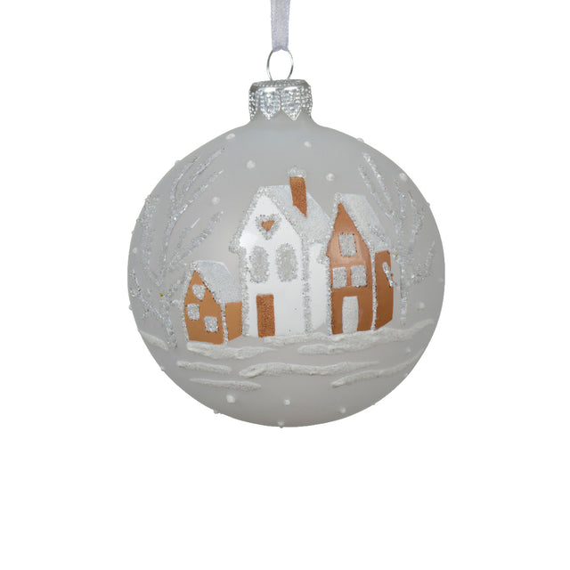 Glass Bauble With Houses 8Cm - White