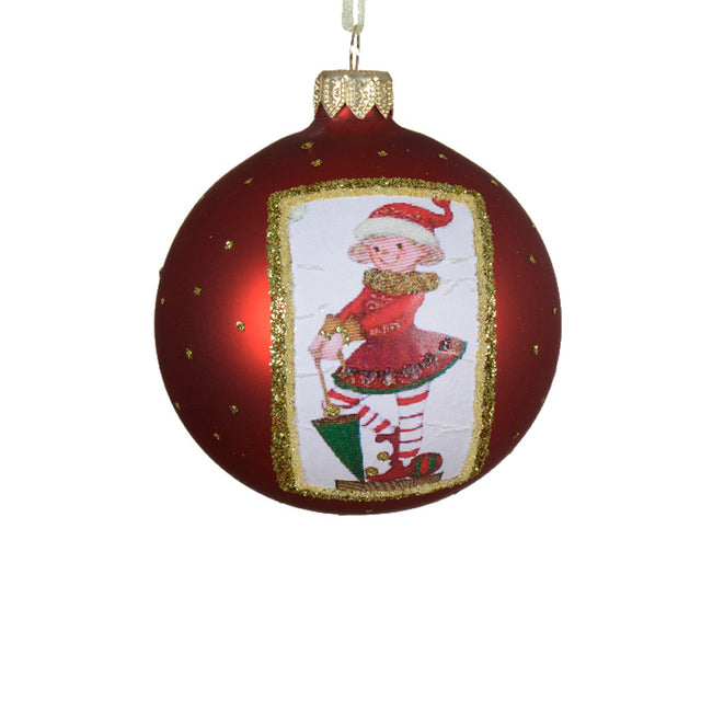 Glass Bauble 8Cm Red - Elf With Umbrella