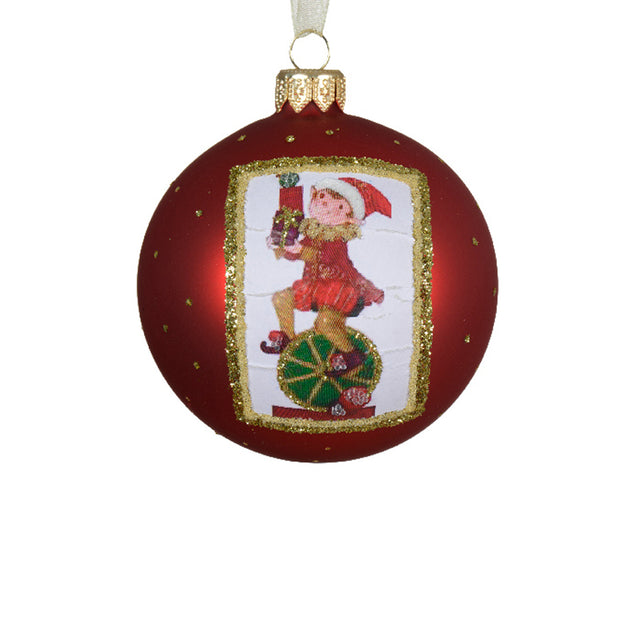 Glass Bauble 8Cm Red - Elf On Unicycle