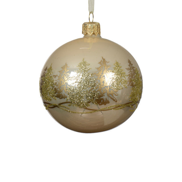 Glass Bauble With Gold Trees 8Cm - Champagne
