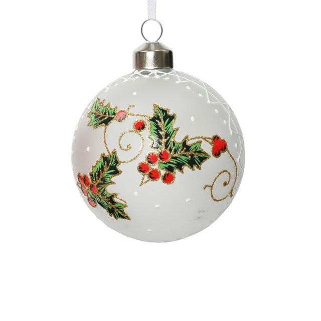 Glass Bauble With Berries 8Cm - White