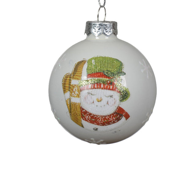 Glass Bauble With Snowman 6Cm - With Green Top Hat