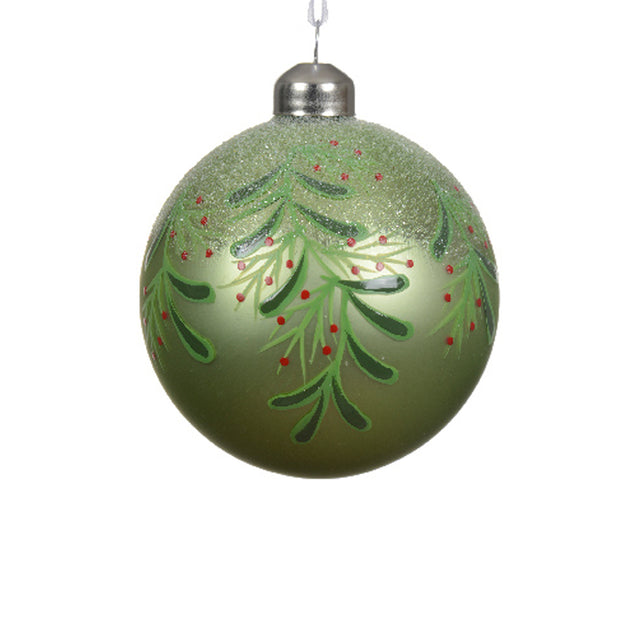 Glass Bauble 8Cm With Leaves & Berries - Green Matt