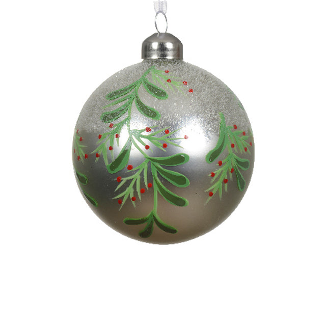 Glass Bauble 8Cm With Leaves & Berries - Silver Matt