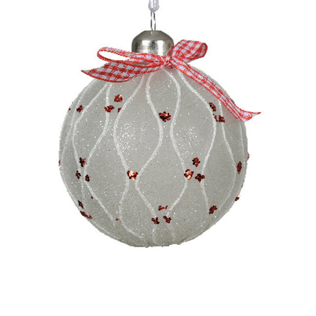 Glass Bauble 8Cm White With White Lines