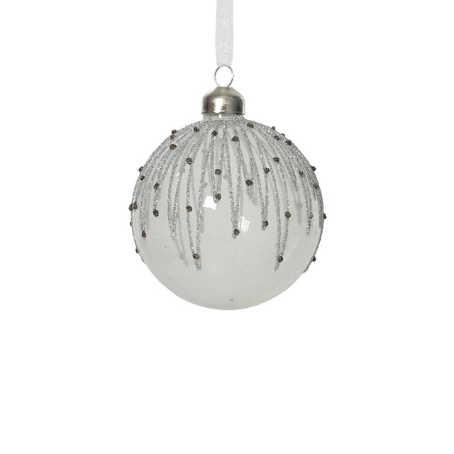 Glass Bauble 8Cm With Lines - White