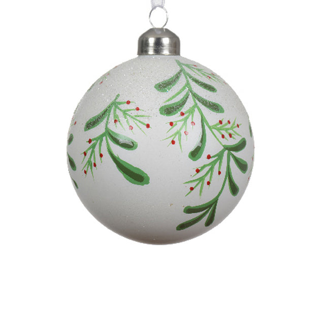 Glass Bauble 8Cm With Leaves & Berries - White Matt