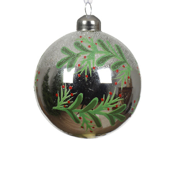 Glass Bauble 8Cm With Leaves & Berries - Silver Shiny