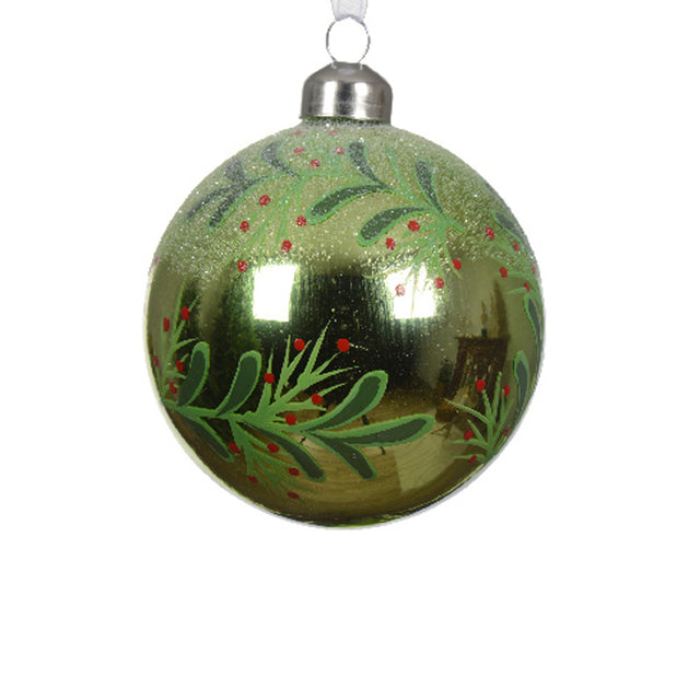 Glass Bauble 8Cm With Leaves & Berries - Green Shiny