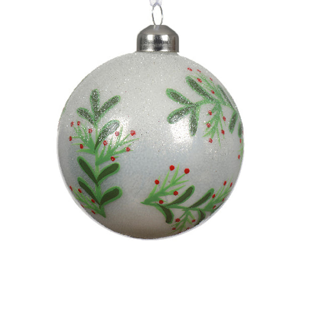 Glass Bauble 8Cm With Leaves & Berries - White Shiny