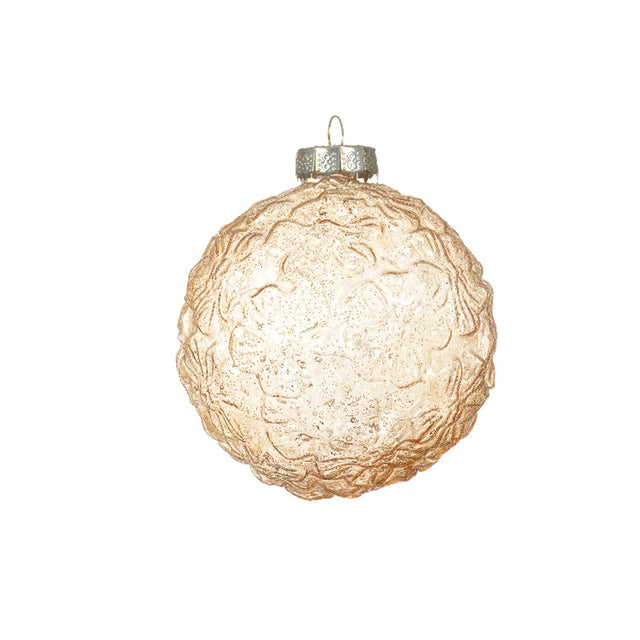 Glass Bauble With Flower Pattern 8Cm - Champagne
