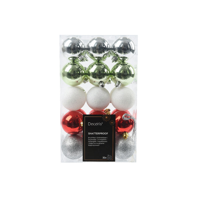 Baubles Set Of 30 6Cm, Silver, Green, White, Red & Silver