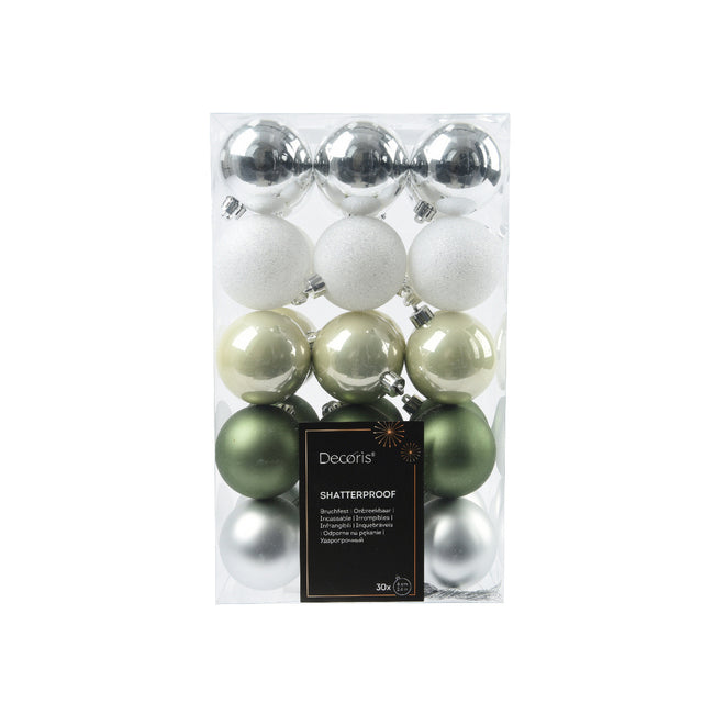 Baubles Set Of 30 6Cm, Silver, White, Green & Silver