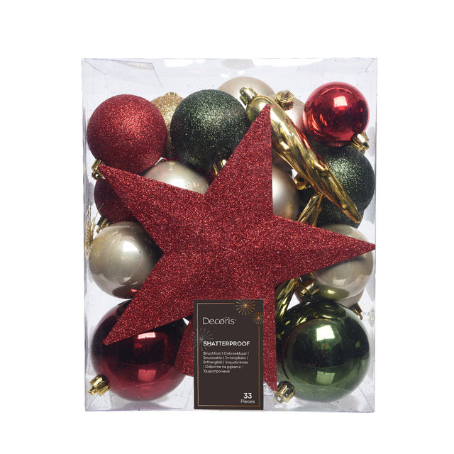 Bauble Set With Star Tree Topper Set Of 33 8Cm, Red, Green & Gold