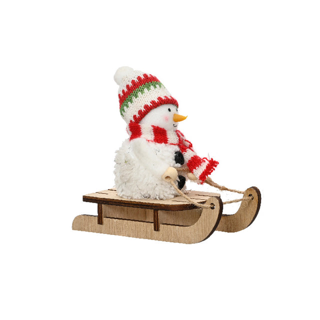 Snowman Foam With Wood Sleigh 5.3X13X11.5Cm - Red & Green Beanie