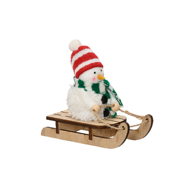 Snowman Foam With Wood Sleigh 5.3X13X11.5Cm - Red Beanie