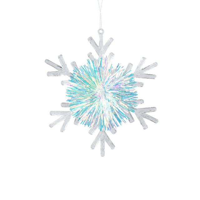 Plastic Snowflake With Lametta Pom-Pom 10X2Cm - Thin Sharp Edge