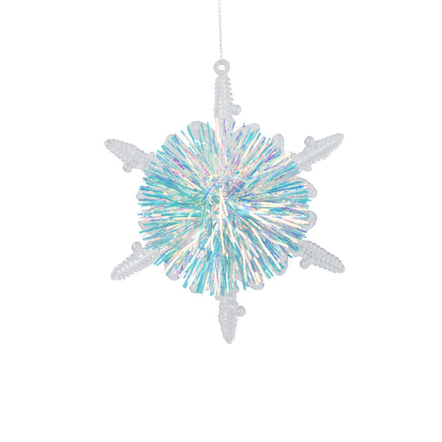 Plastic Snowflake With Lametta Pom-Pom 10X2Cm - Sharp Edge