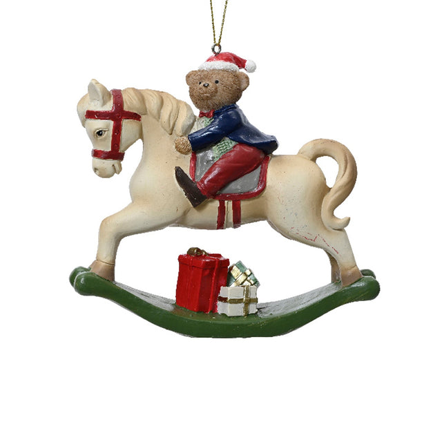 Polyresin Bear On White Rocking Horse 12.5X4.5X12Cm