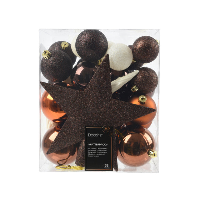 Bauble Set With Star Tree Topper Set Of 33 8Cm, Copper & Brown
