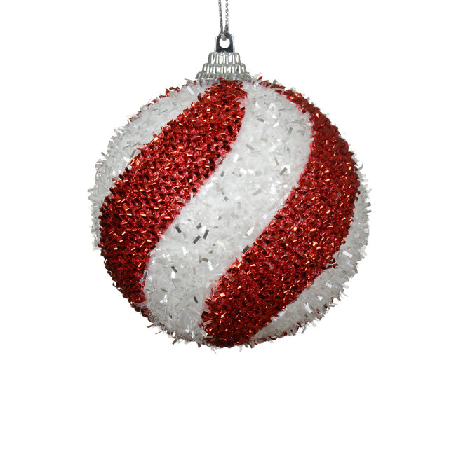 Bauble With Tinsel 10Cm - Red & White