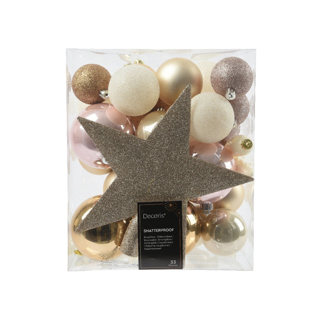 Bauble Set With Star Tree Topper Set Of 33 8Cm, White, Pink & Gold