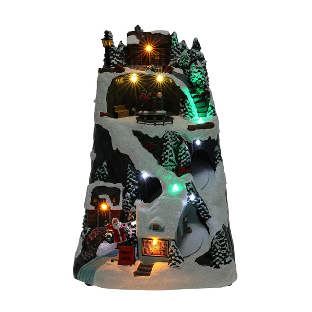 Christmas scene village on mountain with LED and movement 19.6x17.7x30.1cm