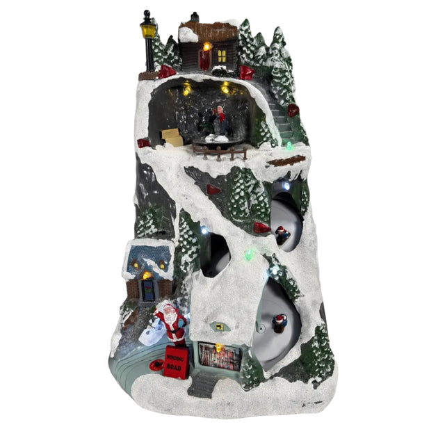 Christmas scene village on mountain with LED and movement 19.6x17.7x30.1cm