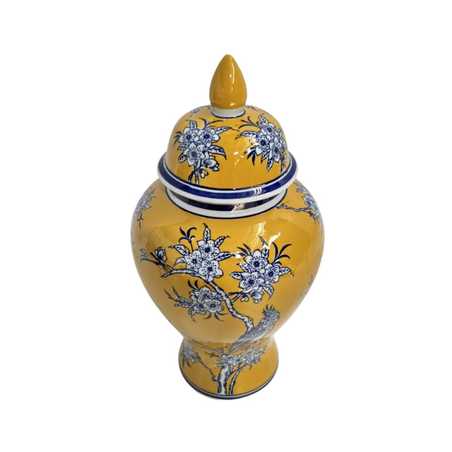 Yellow Ginger Jar - Blue Floral And Bird Pattern 18x18x35cm