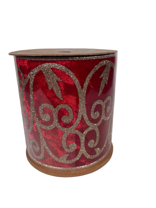 (747000120-3)RIBBON POLYESTER 457X10CM RED VELVET WITH GLITTER - SQUILY