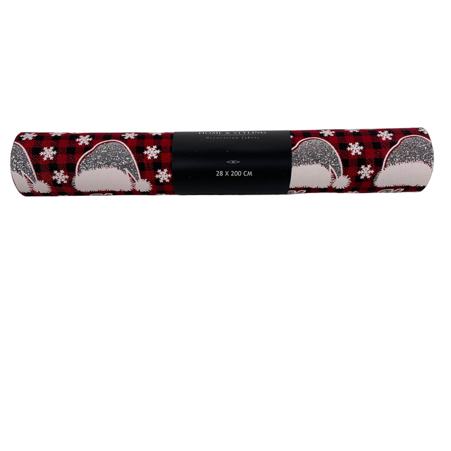 Decoration Fabric, Runner Deep Red Base With Silver Hats, 28X200Cm