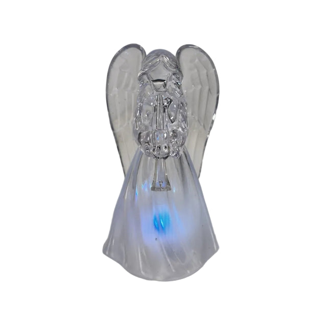 Angel, acrylic, LED colour changing 6x5.5x11cm with trumpet - clear wings