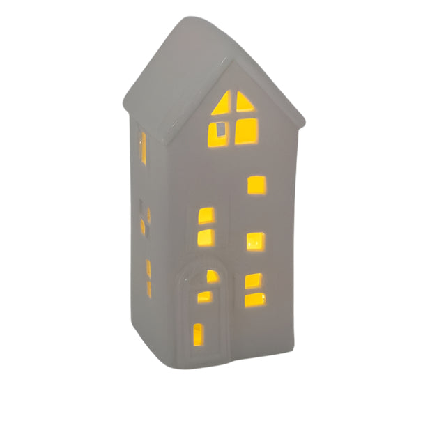 House with warm white Led, Porcelain, 7.4x6.5x16.4cm