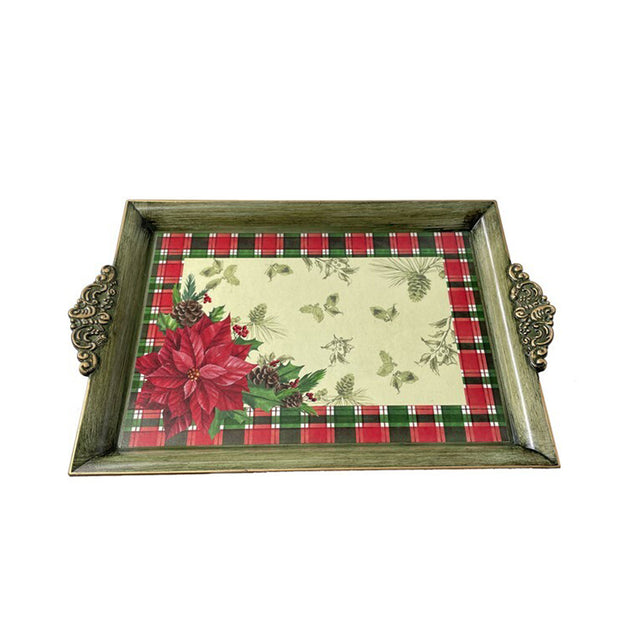 Christmas Rectangular Tray With Handles 39X25X2.5Cm - Poinsettias