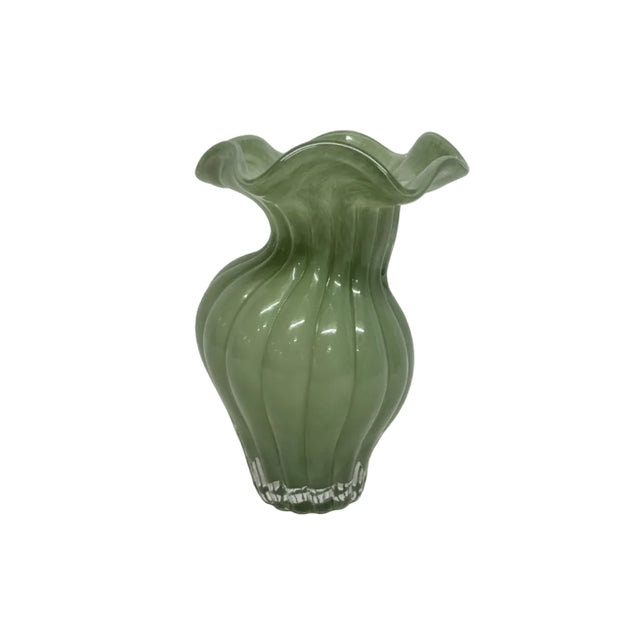 Green Glass Ruffled Vase 12.5x20cm