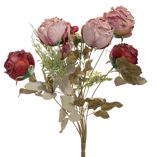 Artificial pink rose bush 7 head 42cm