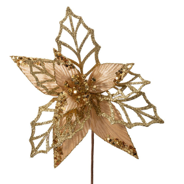 Xmas gold with glitter poinsettia branch 26x45cm