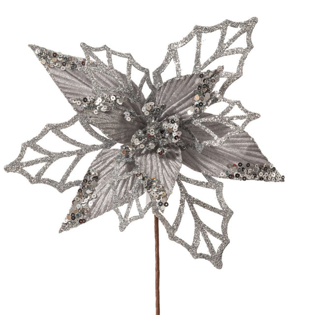 Xmas white/silver with glitter poinsettia branch 26x45cm