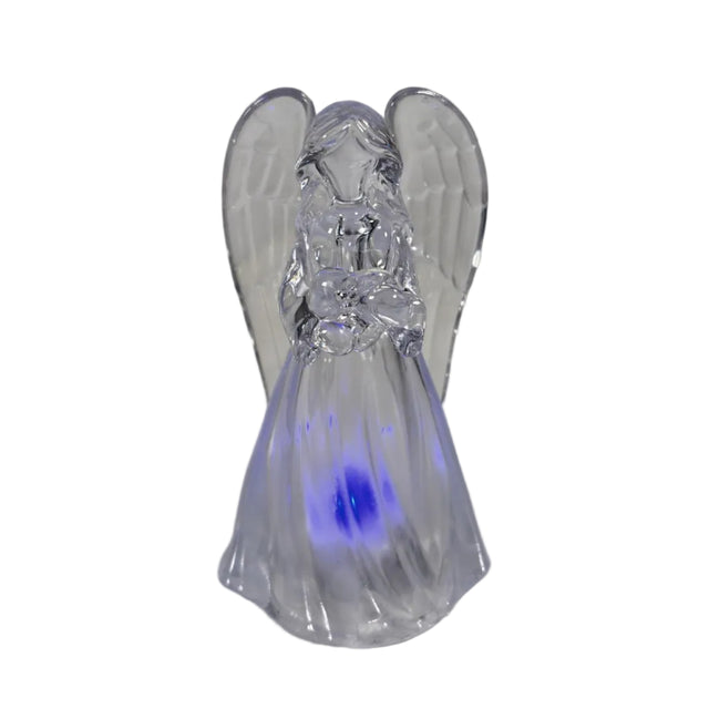 Angel, acrylic, LED colour changing 6x5.5x11cm with heart - clear wings