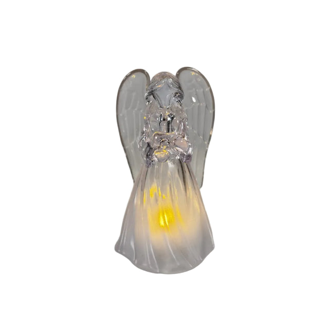 Angel, acrylic, warm white LED 6x5.5x11cm with heart - clear wings