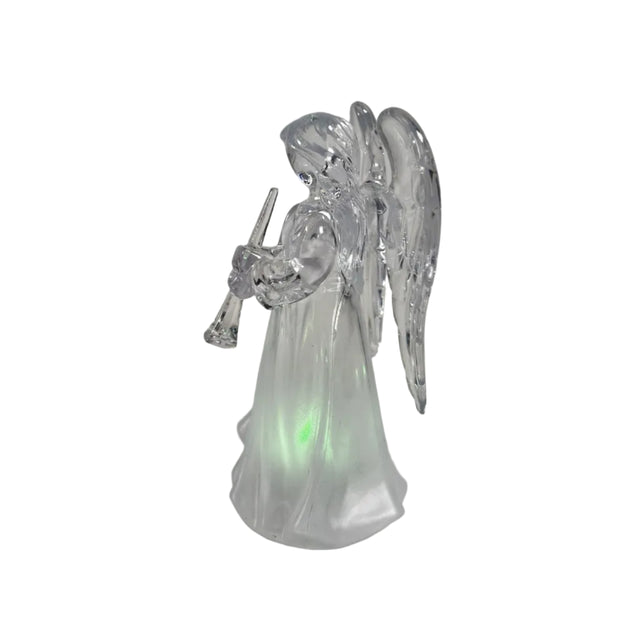 Angel, acrylic, LED colour changing 6x5.5x11cm with trumpet - clear wings