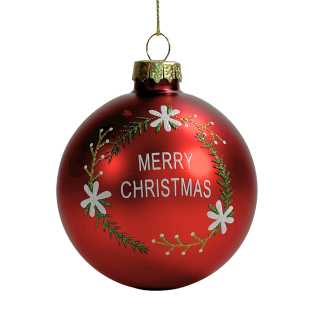 Xmas Ball With Merry Christmas Wording, Matt Glass, 8Cm, Red