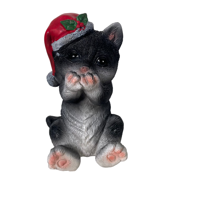 (ALX630550-3)CAT WITH XMAS HAT, POLYRESIN, 9.5X7.5X13.5CM, SPEAK NO EVIL
