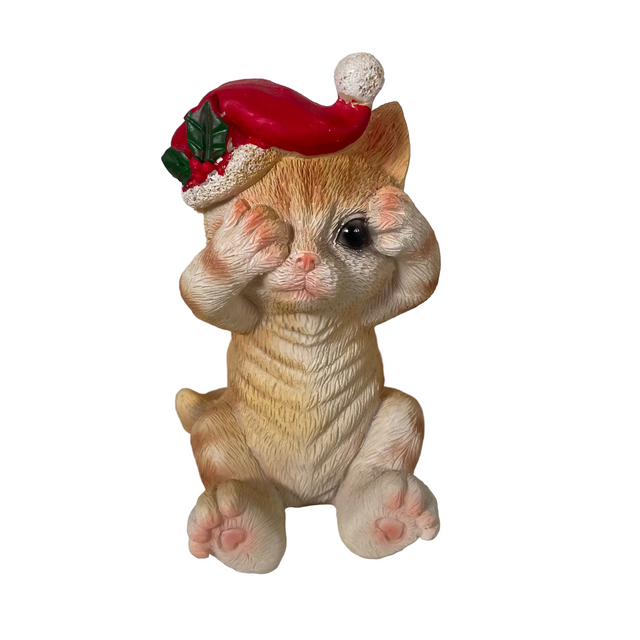 (ALX630550-1)CAT WITH XMAS HAT, POLYRESIN, 9.5X7.5X13.5CM, SEE NO EVIL