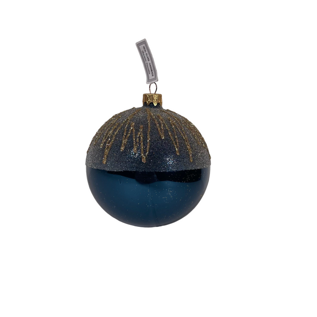 Glass bauble 10cm - Dark blue with gold squiggles