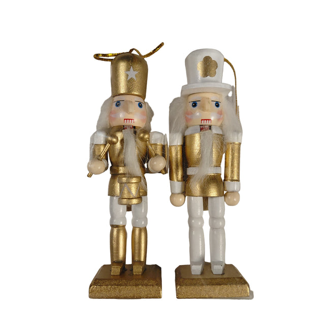 Nutcracker hanging pinewood and polyresin set of 2 4.5x3.5x12cm - white and gold