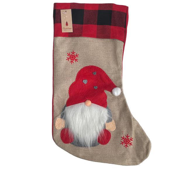 Christmas Stocking, 44X27Cm, Gnome With Hearts Hat, With Checker Border
