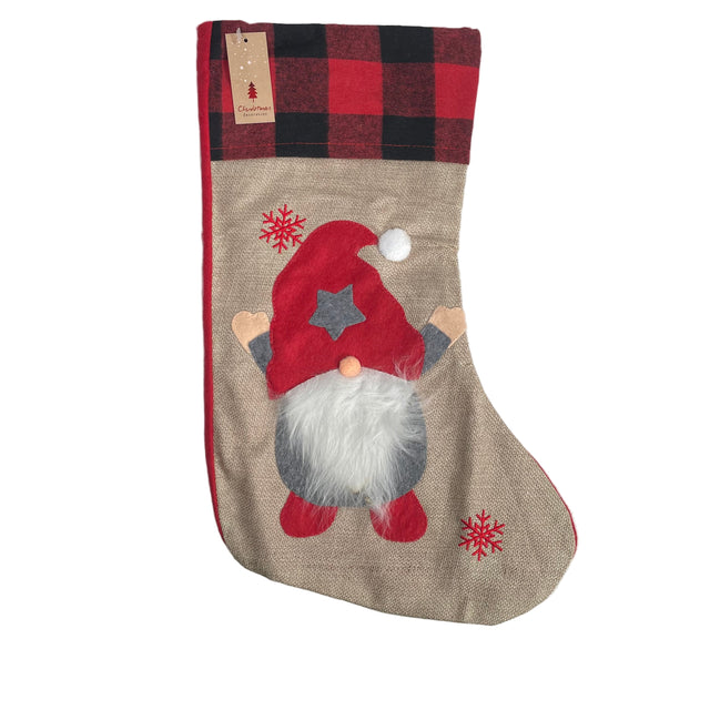 Christmas Stocking, 44X27Cm, Gnome With Star Hat, With Checker Border