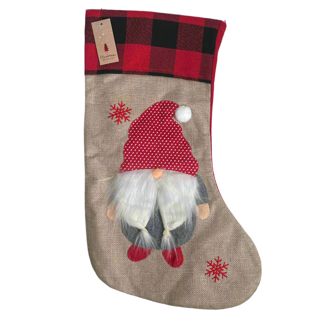 Christmas Stocking, 44X27Cm, Gnome With Doted Hat, With Checker Border