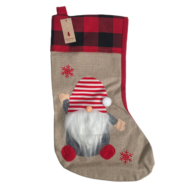 Christmas Stocking, 44X27Cm, Gnome With Stripes Hat, With Checker Border